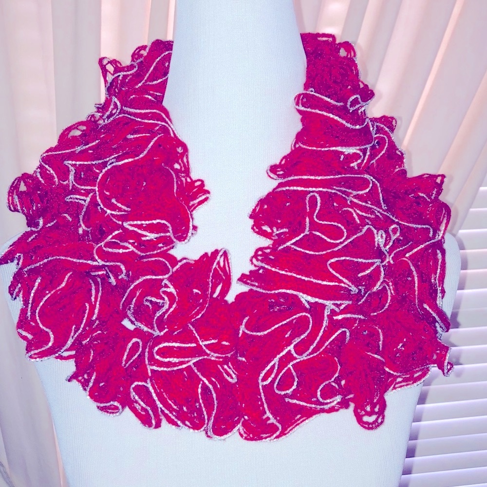 Handmade Ruffle Crochet Scarf, Red w/Silver